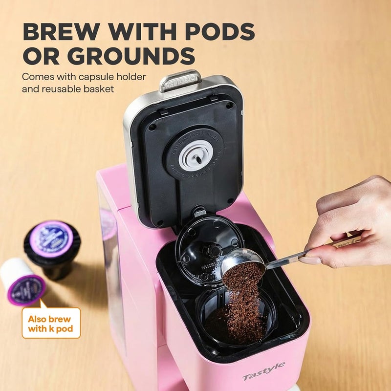 Tastyle Single Serve Coffee Maker, Iced and Hot Coffee Machine for K Cup & Grounds, Compact Design, 40oz Removable Water Reservoir, 6 to 24 Oz Brew Sizes, Fits 7.3" Travel Mug, Pink - Image 5